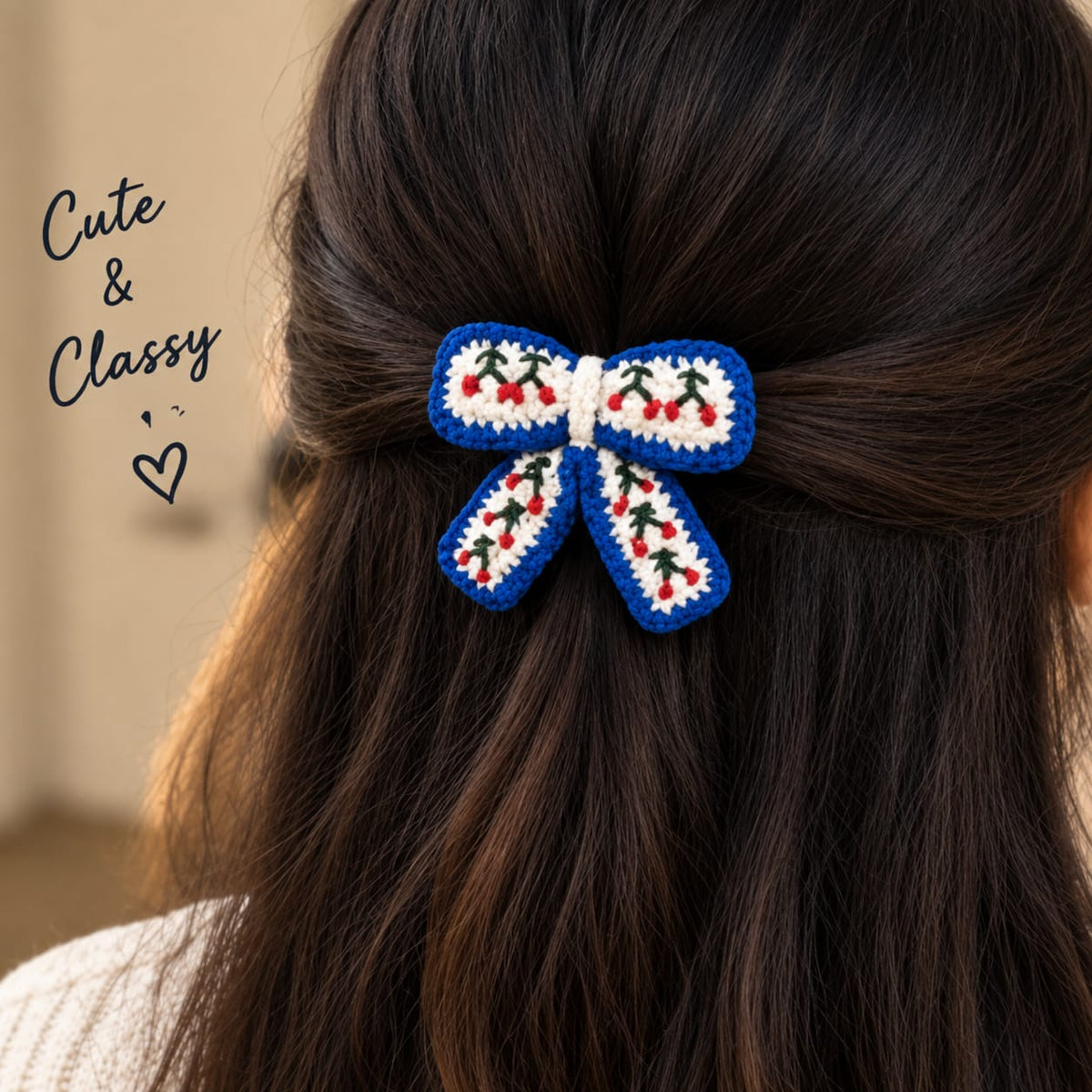 Blue Cherry Crochet Bow Hair Clip – Blue & White