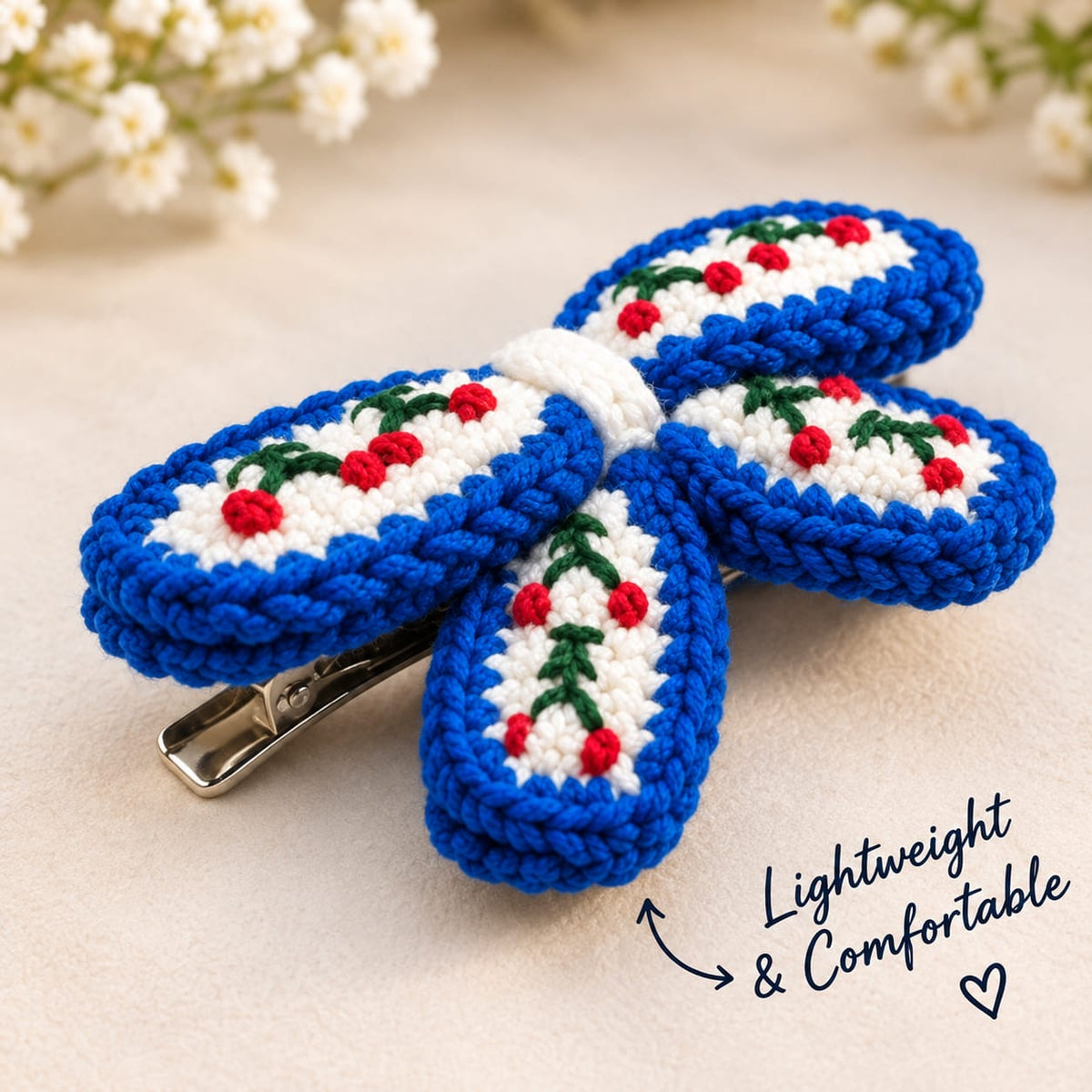 Blue Cherry Crochet Bow Hair Clip – Blue & White