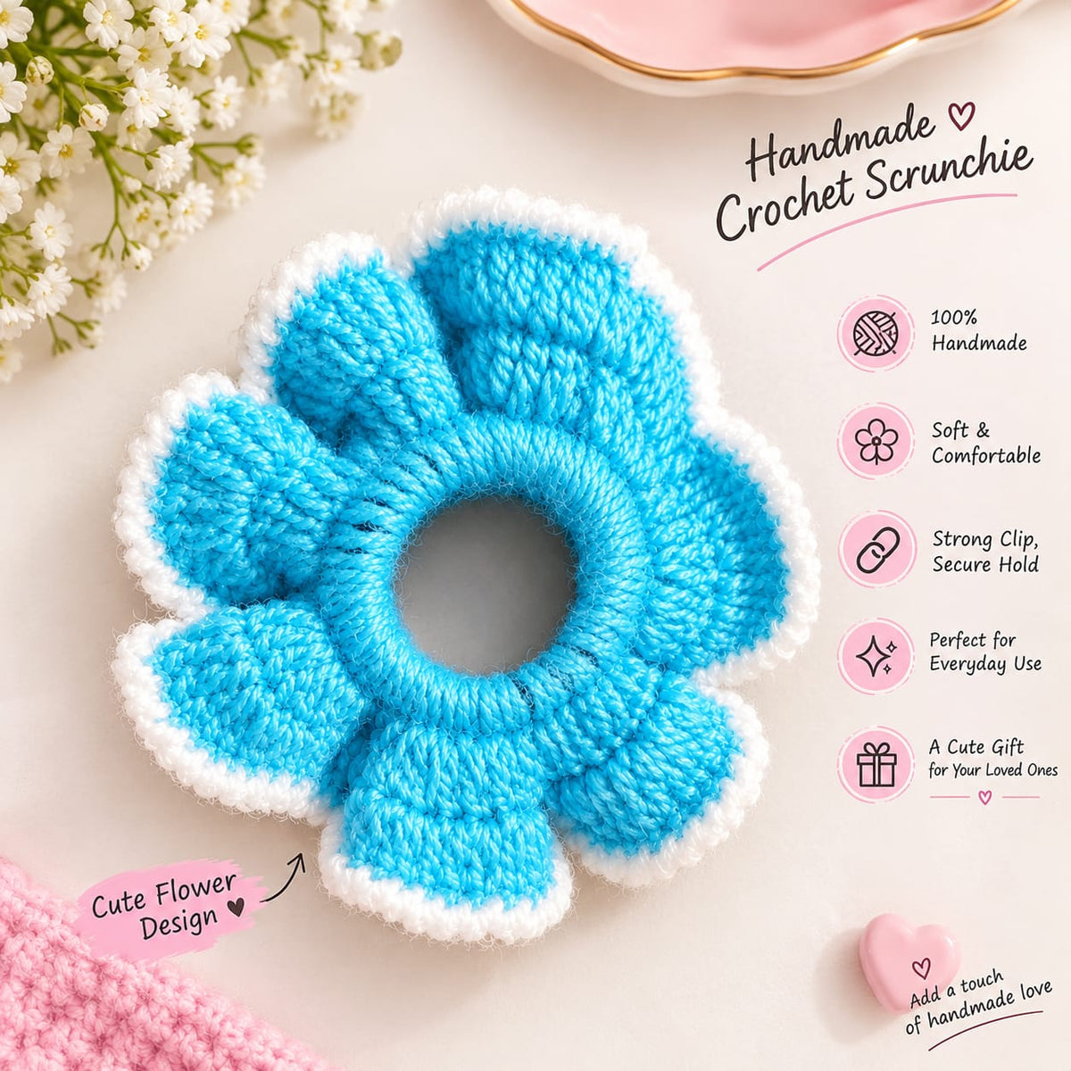 Flower Crochet Scrunchie — Handmade Hair Tie for Women & Girls