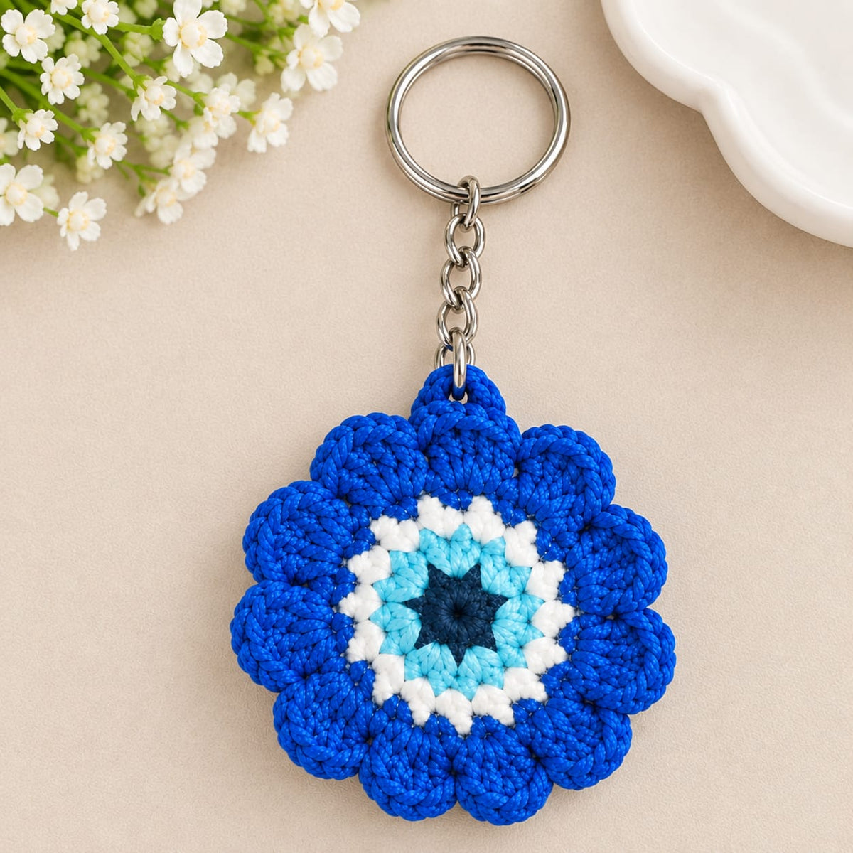 Evil Eye Flower Crochet Keychain