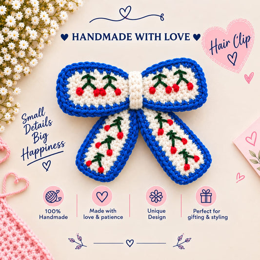 Blue Cherry Crochet Bow Hair Clip – Blue & White