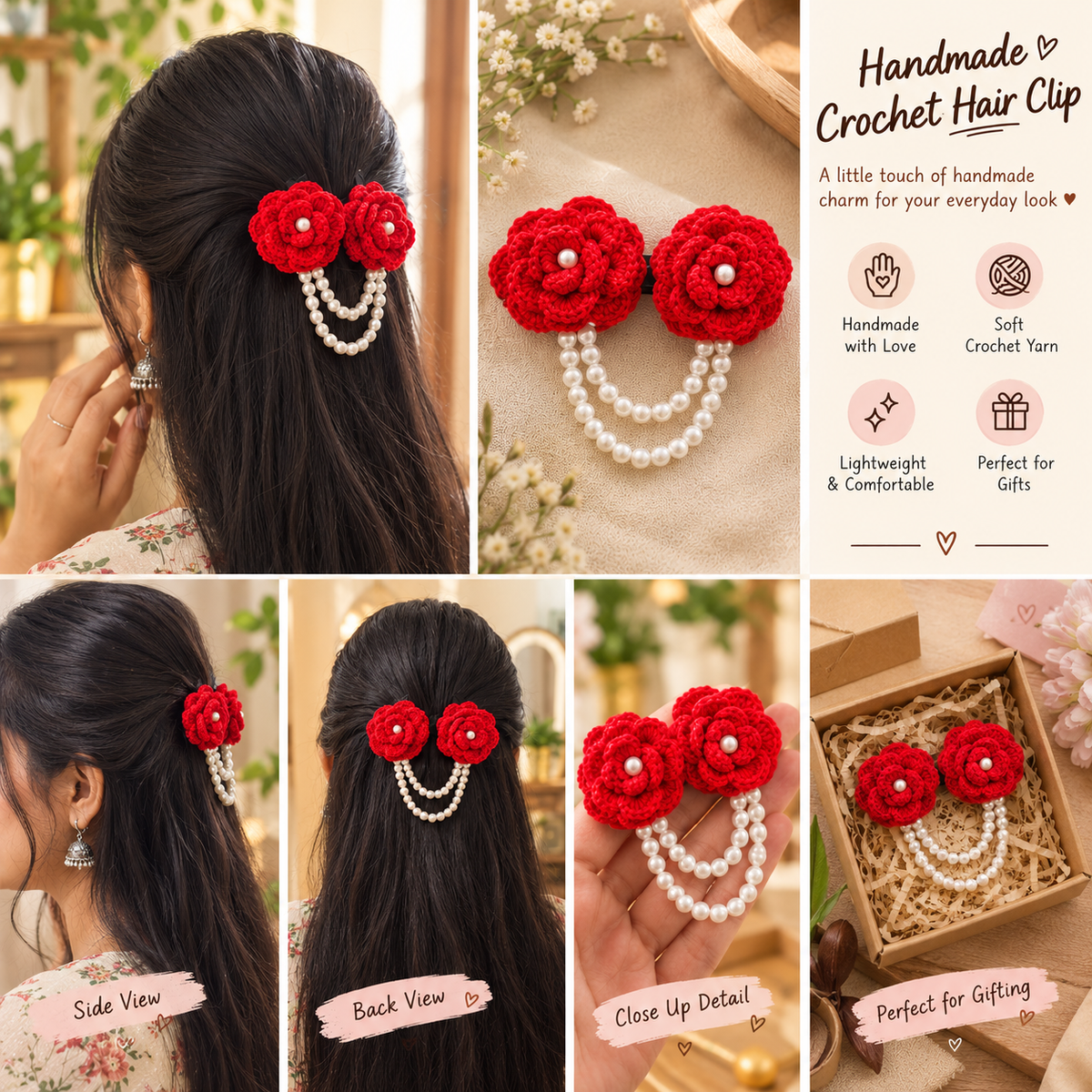 Red Rose Pearl Crochet Hair Clip